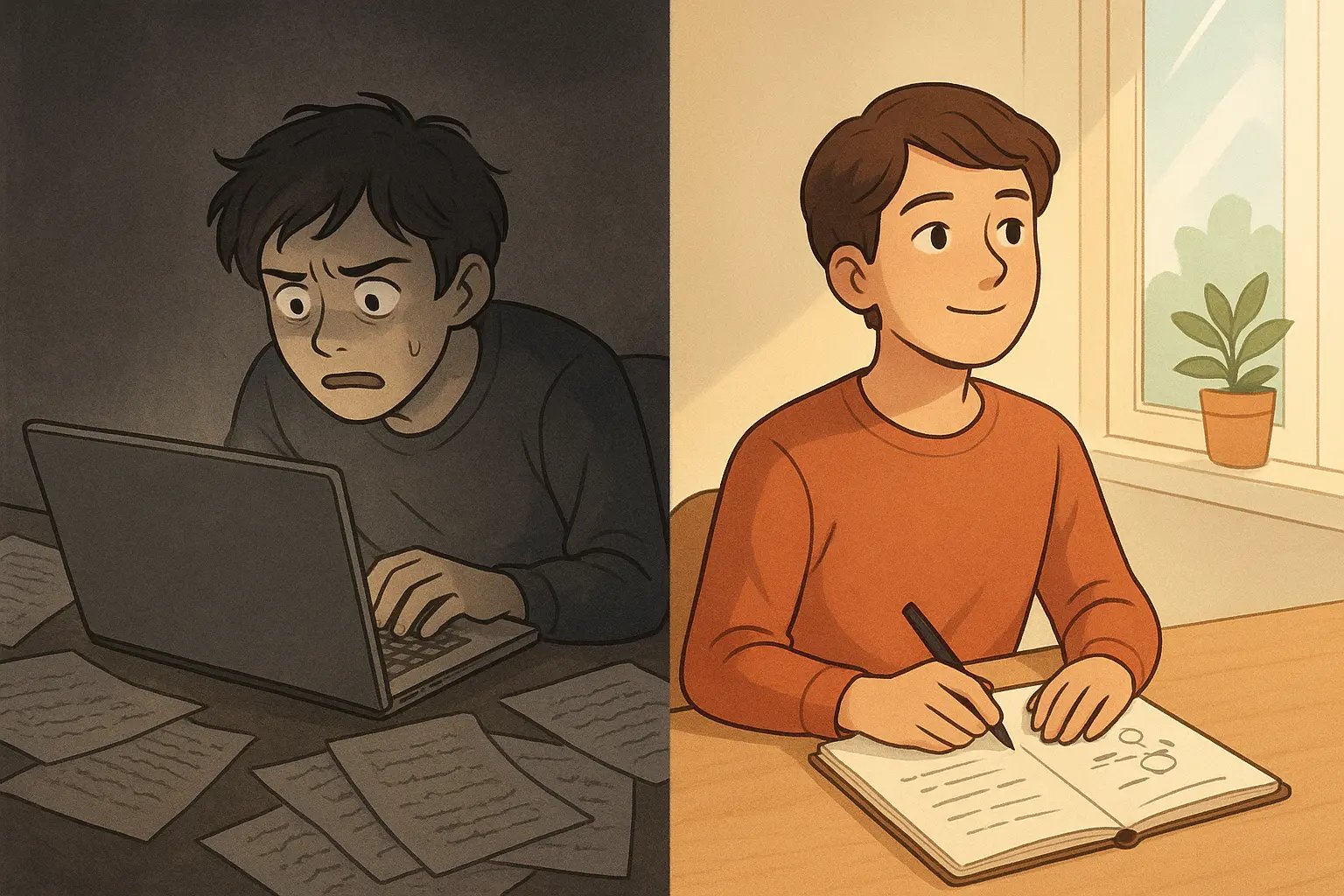 Side-by-side comparison showing stressed student typing frantically on laptop versus calm student writing concise notes by hand in clean notebook