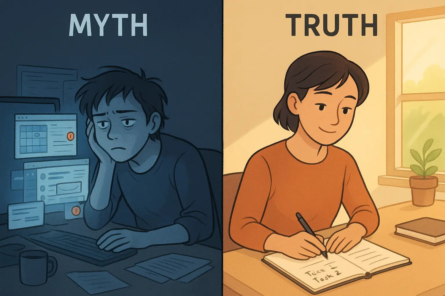 Side-by-side comparison showing stressed person at cluttered digital workspace versus calm person writing peacefully in paper notebook with natural light