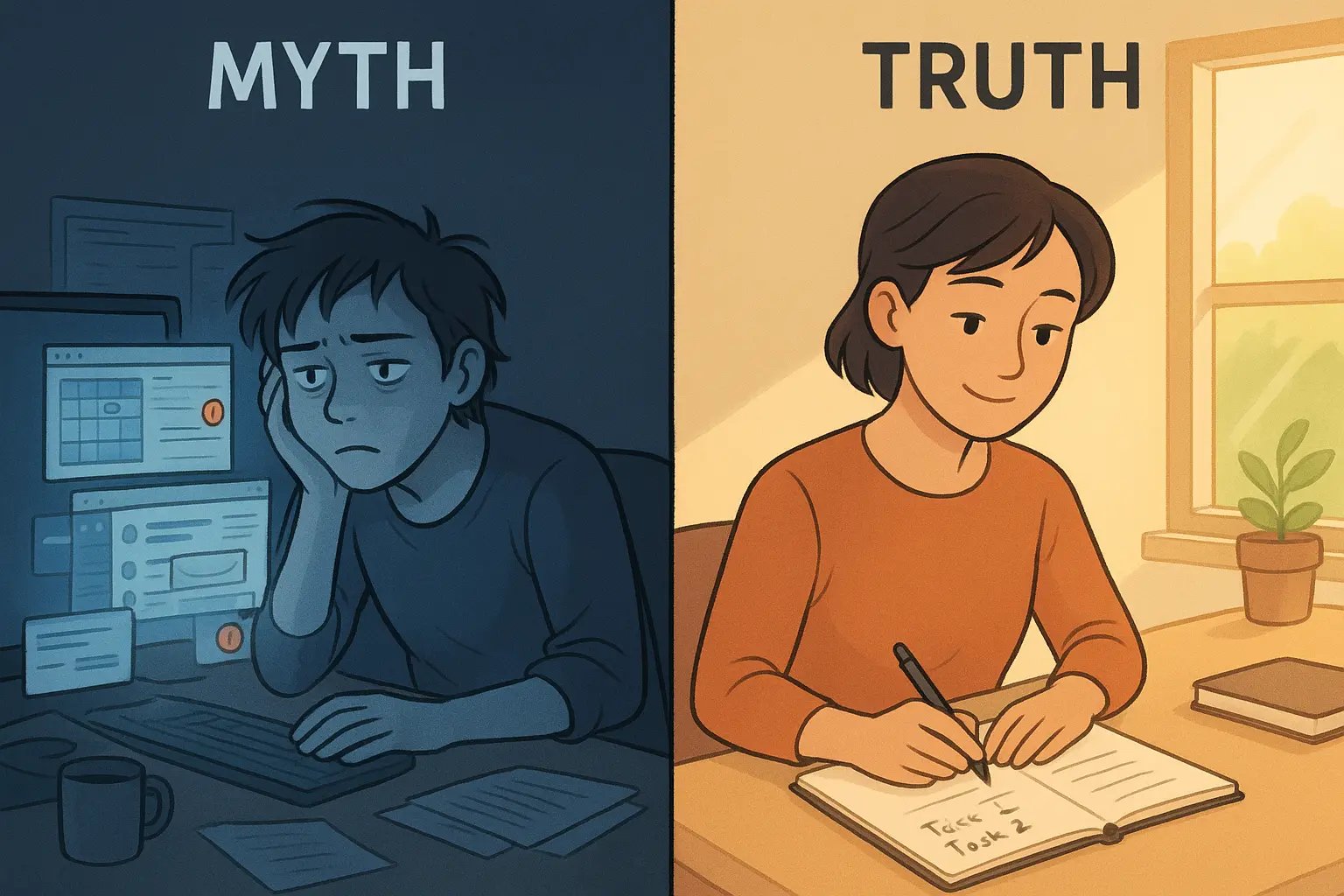 Side-by-side comparison showing stressed person at cluttered digital workspace versus calm person writing peacefully in paper notebook with natural light