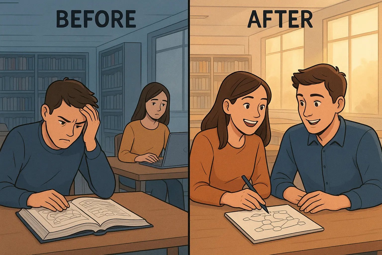 Two university students studying together in a library, collaborating on a problem with confident, engaged expressions and open body language.