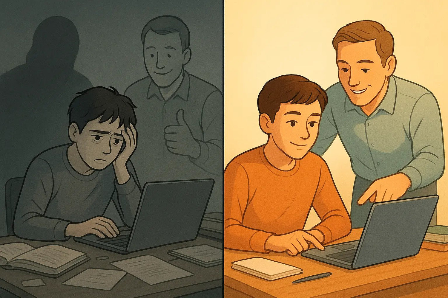 A student sits at a desk, initially overwhelmed, then motivated after receiving specific, encouraging feedback from a supportive mentor.