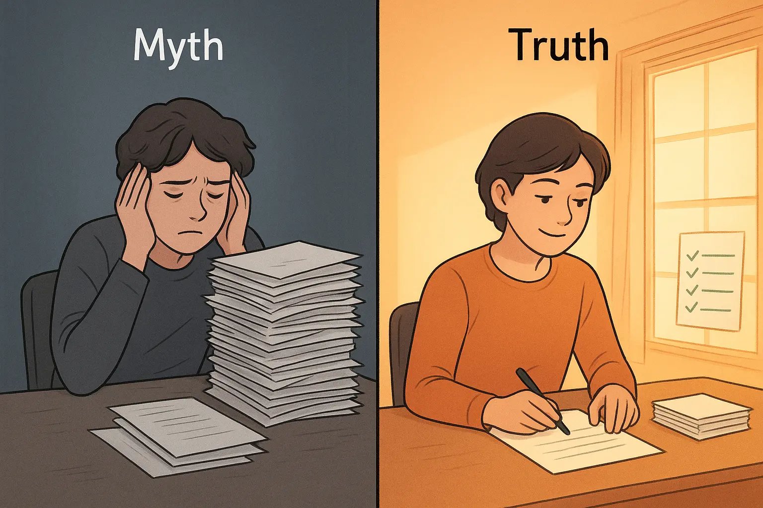 A side-by-side comparison showing a neurodivergent person overwhelmed by a giant task on the left, and calmly completing small chunked parts on the right.
