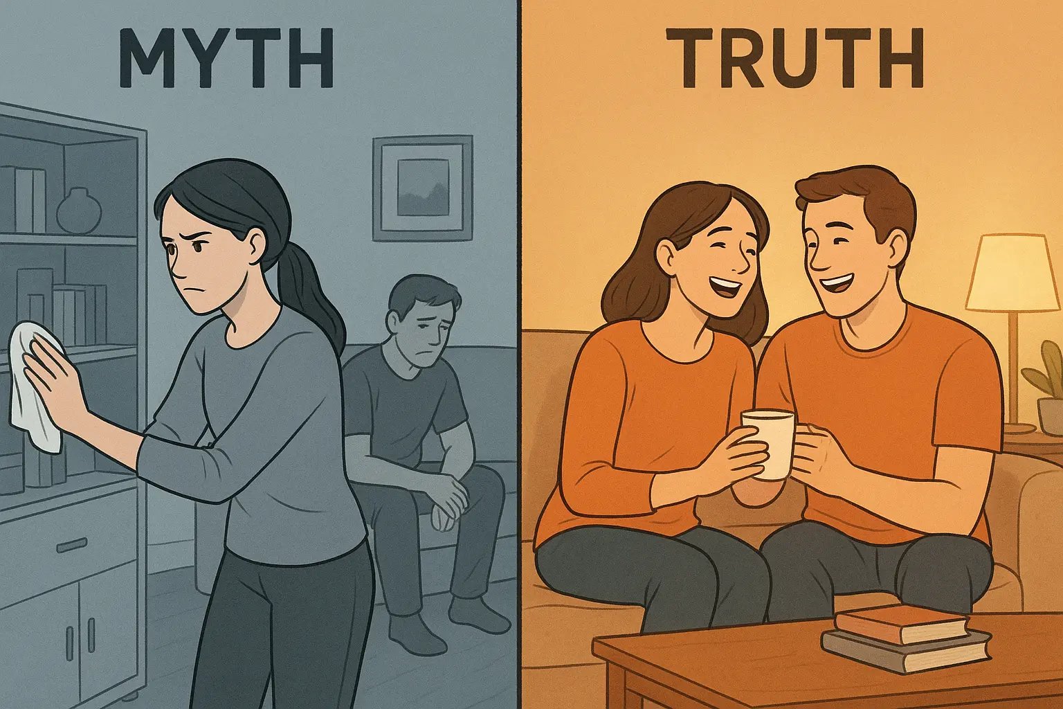 Couple relaxed together in cosy lived-in room versus stressed whilst cleaning spotless space