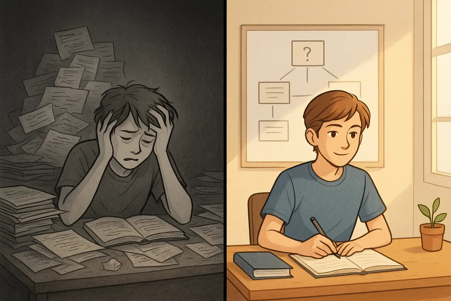 Side-by-side comparison showing a stressed student with messy notes versus the same student looking calm with neatly structured notes and organised planning.