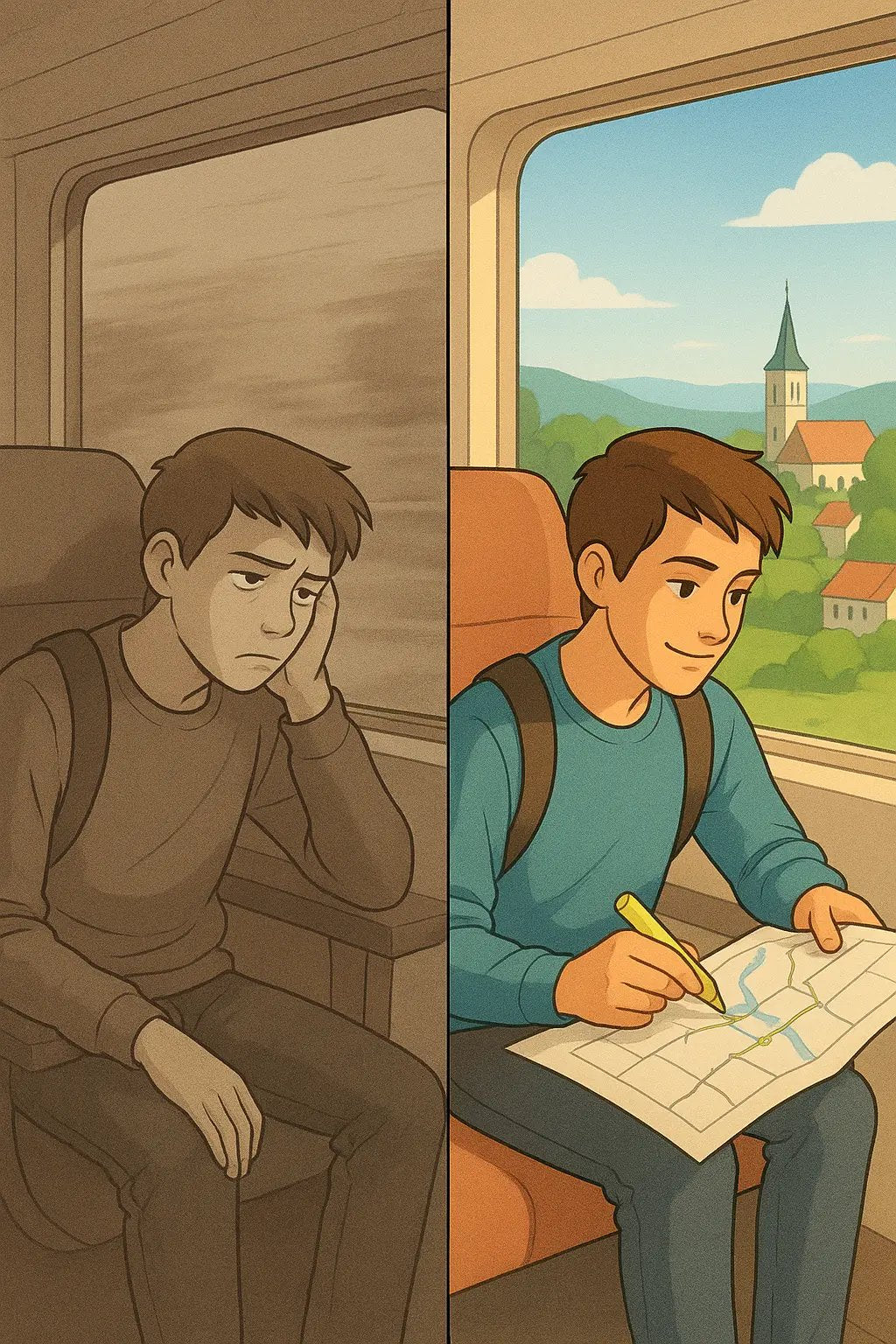 Student tracking travel progress on paper map, comparing bored journey to engaged route planning experience