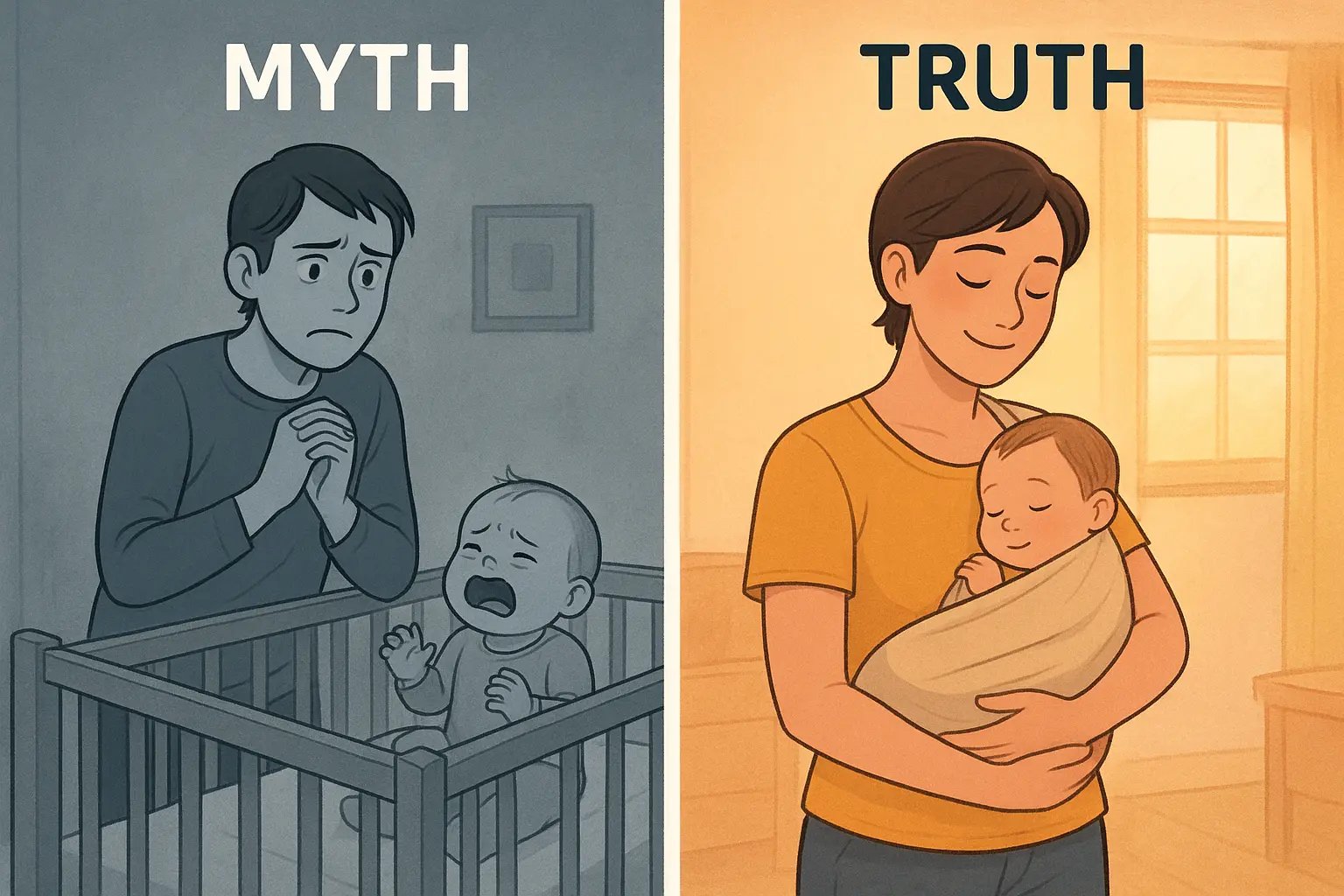 Split illustration showing stressed parent with crying baby versus calm parent holding peaceful baby in sling, demonstrating responsive care
