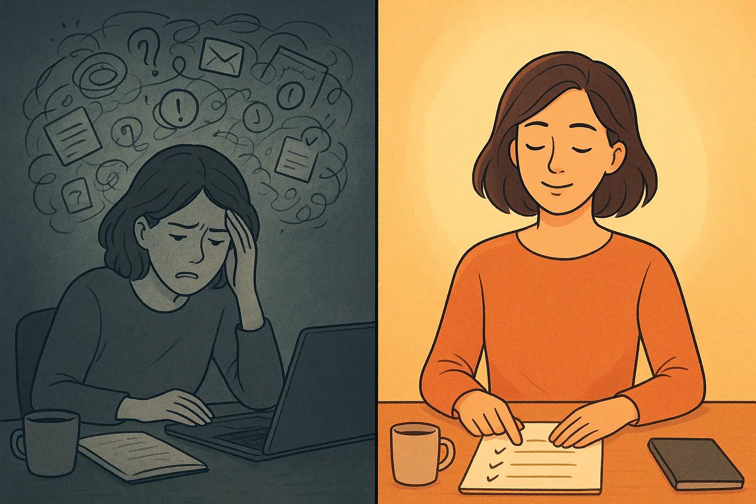 Side-by-side illustration showing a woman overwhelmed by chaotic thoughts on the left, and calm with an organised list on the right.