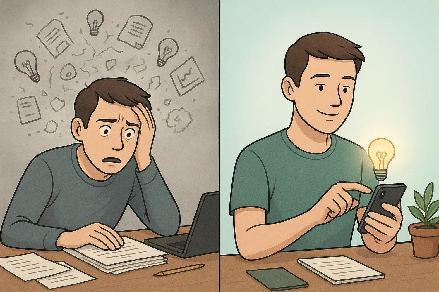Split illustration showing a stressed man surrounded by chaotic thought icons on the left, and the same man calmly capturing an idea on his phone on the right.