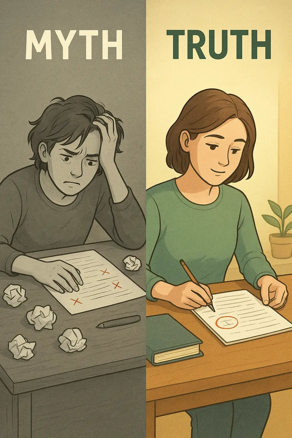 Split-screen illustration showing frustrated student with crumpled papers contrasted with calm student analysing mistakes at organised desk