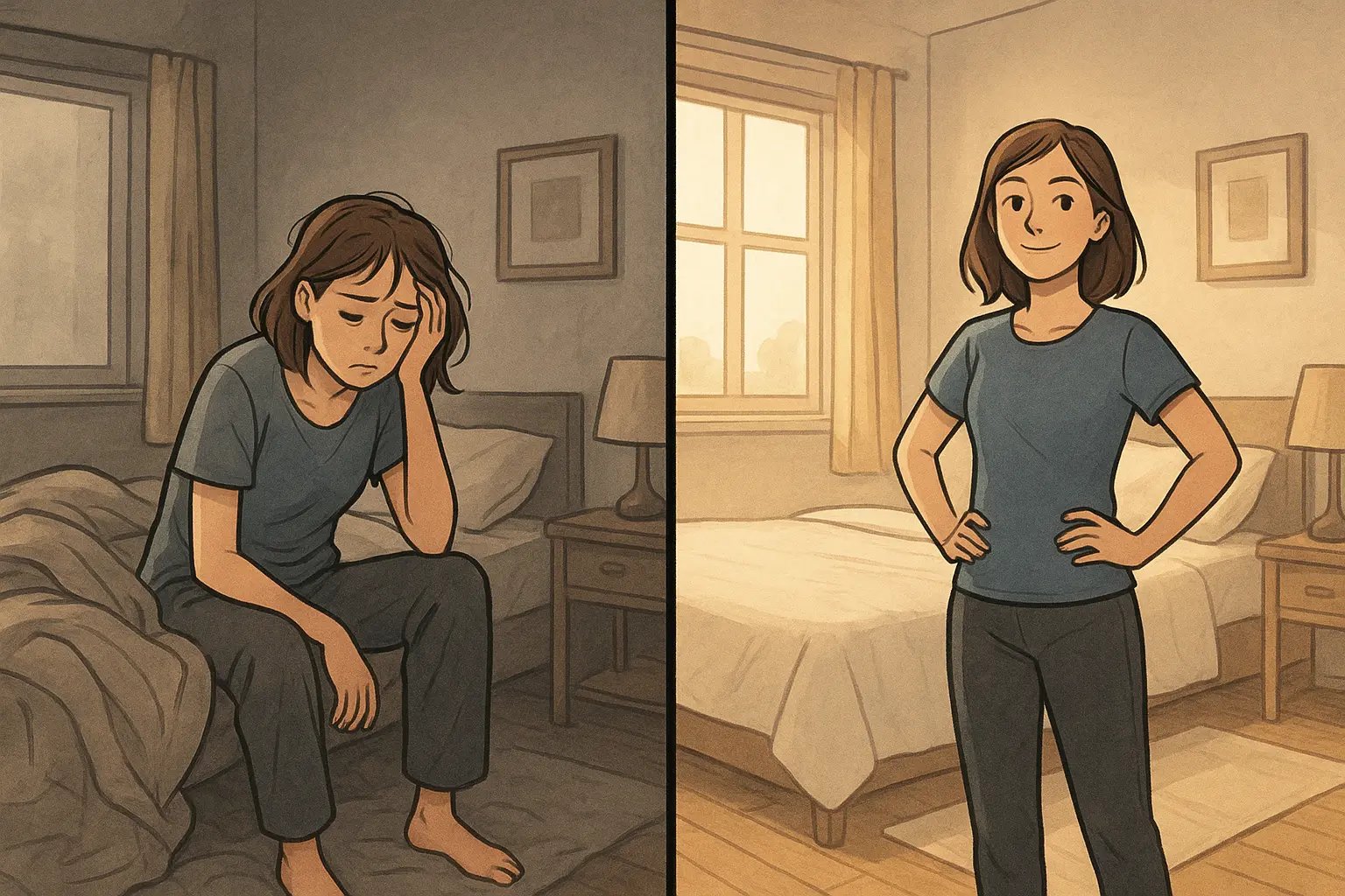 Before-and-after bedroom scene showing a woman transforming from overwhelmed to accomplished by making her bed