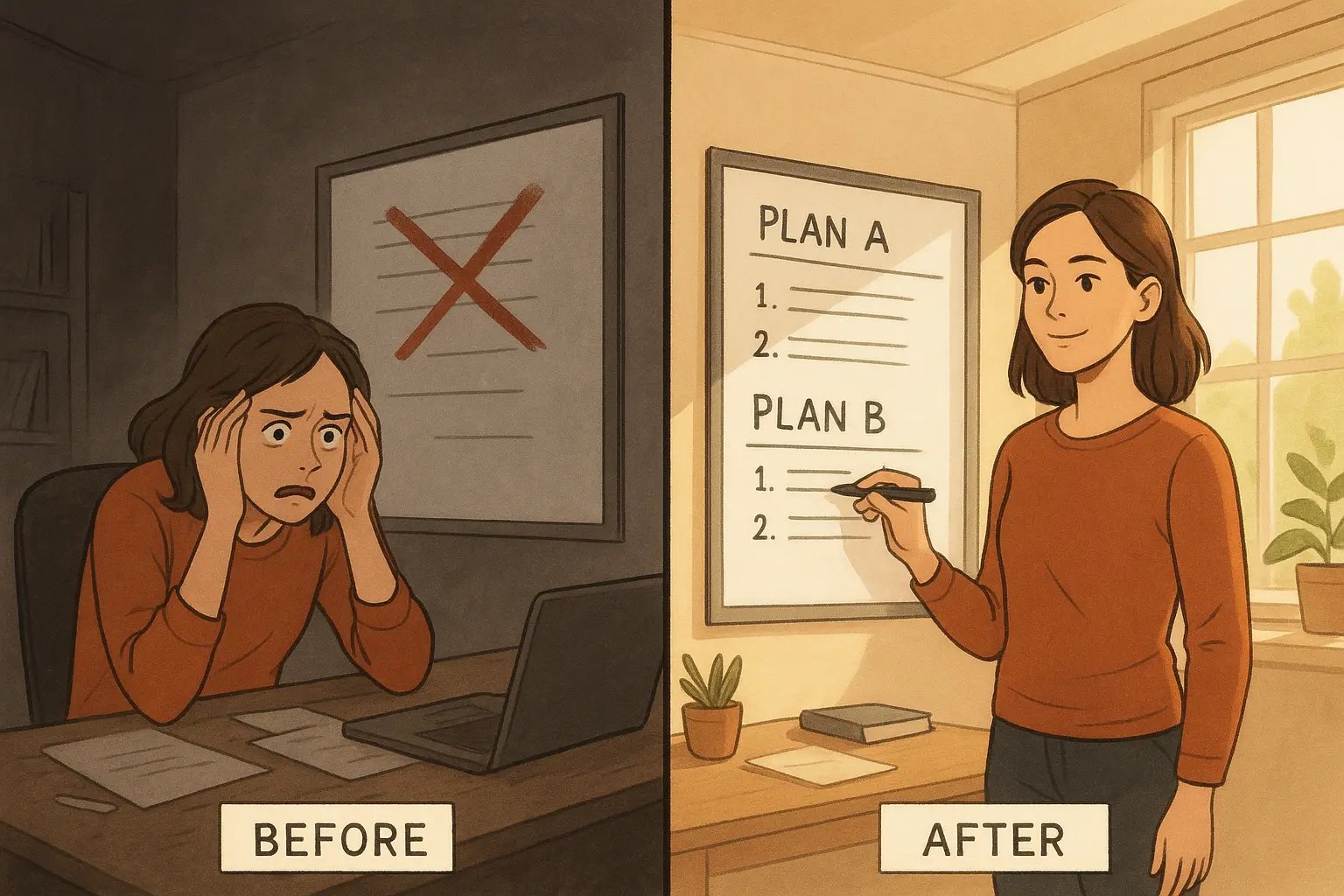 Woman transforms from overwhelmed at crossed-out plan to calm and confident with organised Plan A/Plan B whiteboard in bright home office.