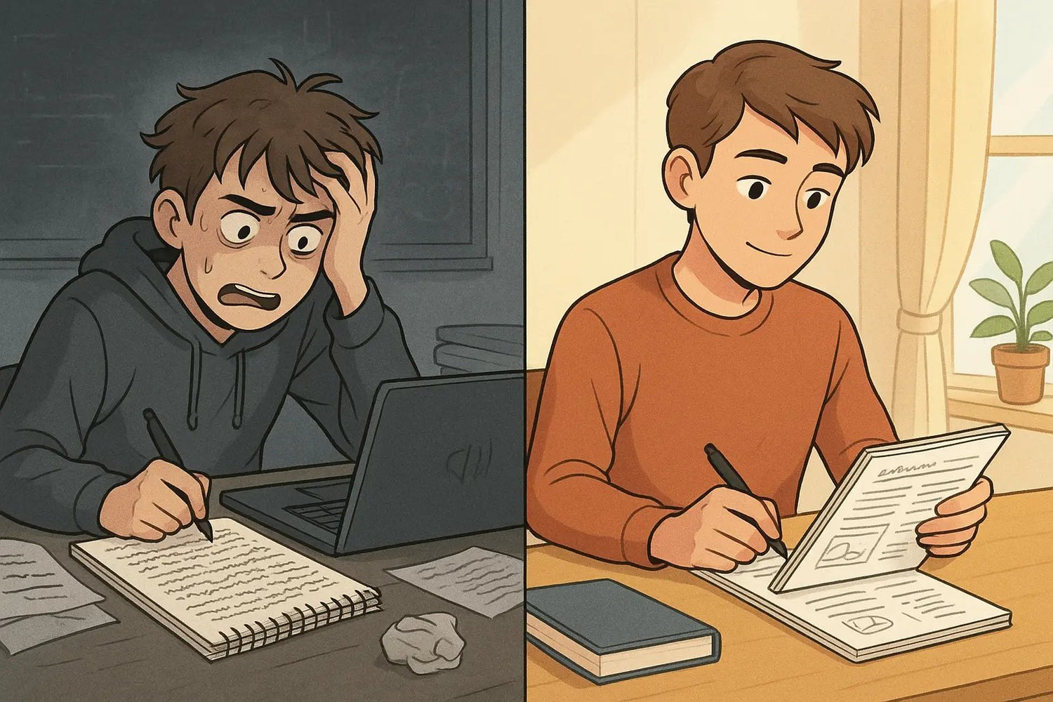 A comparison showing chaotic verbatim note-taking versus organised, processed note-taking with a confident student reviewing clear, structured notes.