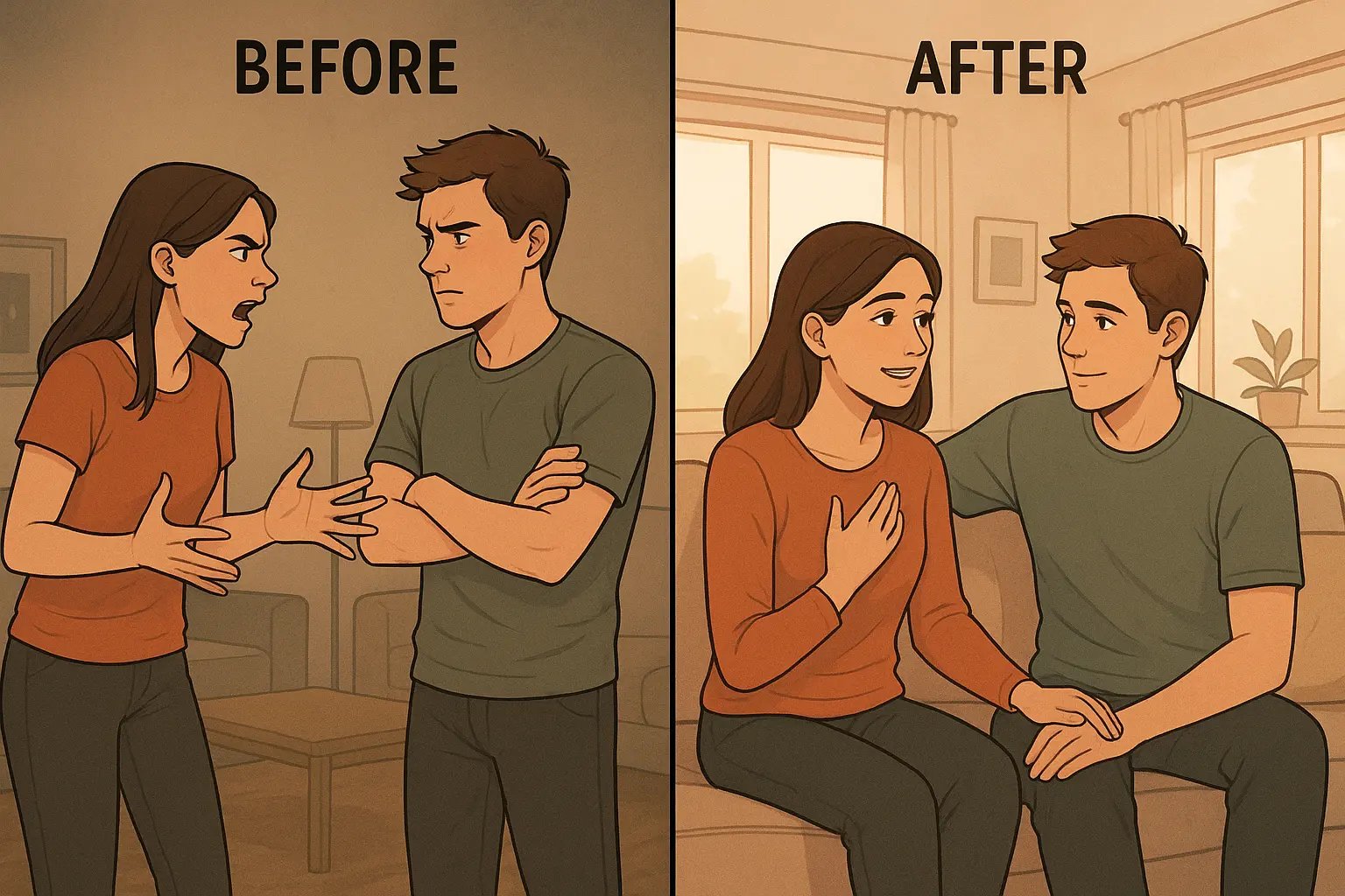 Split-panel illustration showing a couple's transformation from tense argument to calm, understanding conversation in their living room
