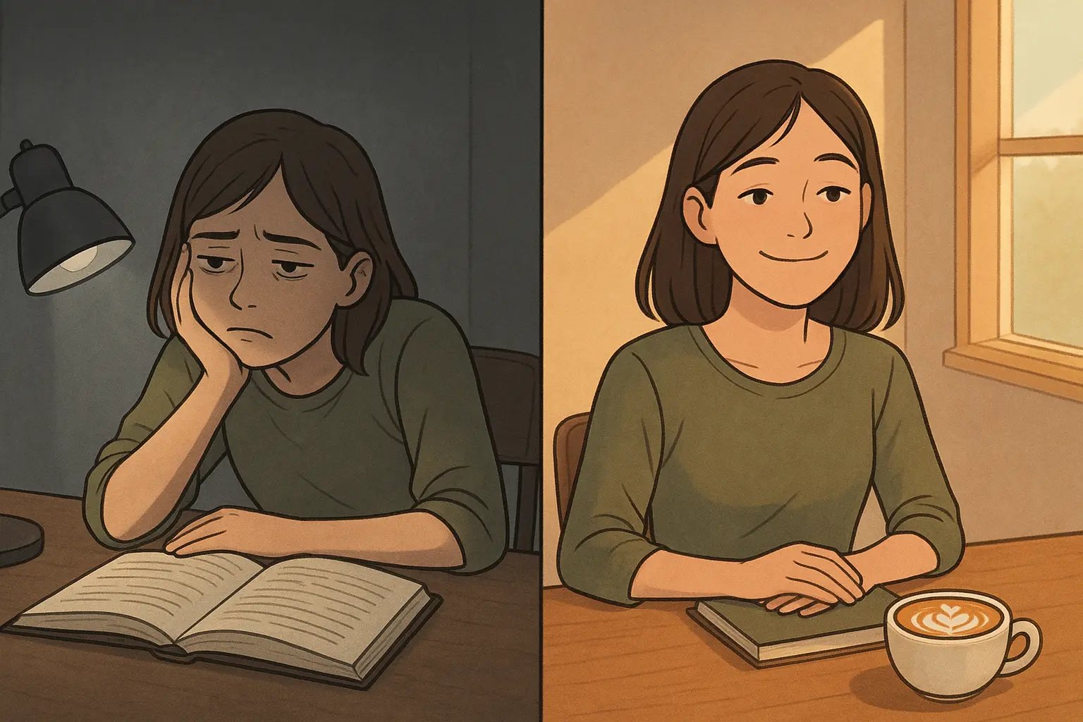 A woman studying at her desk, transformed from looking bored and drained to smiling with satisfaction after receiving a small surprise reward.