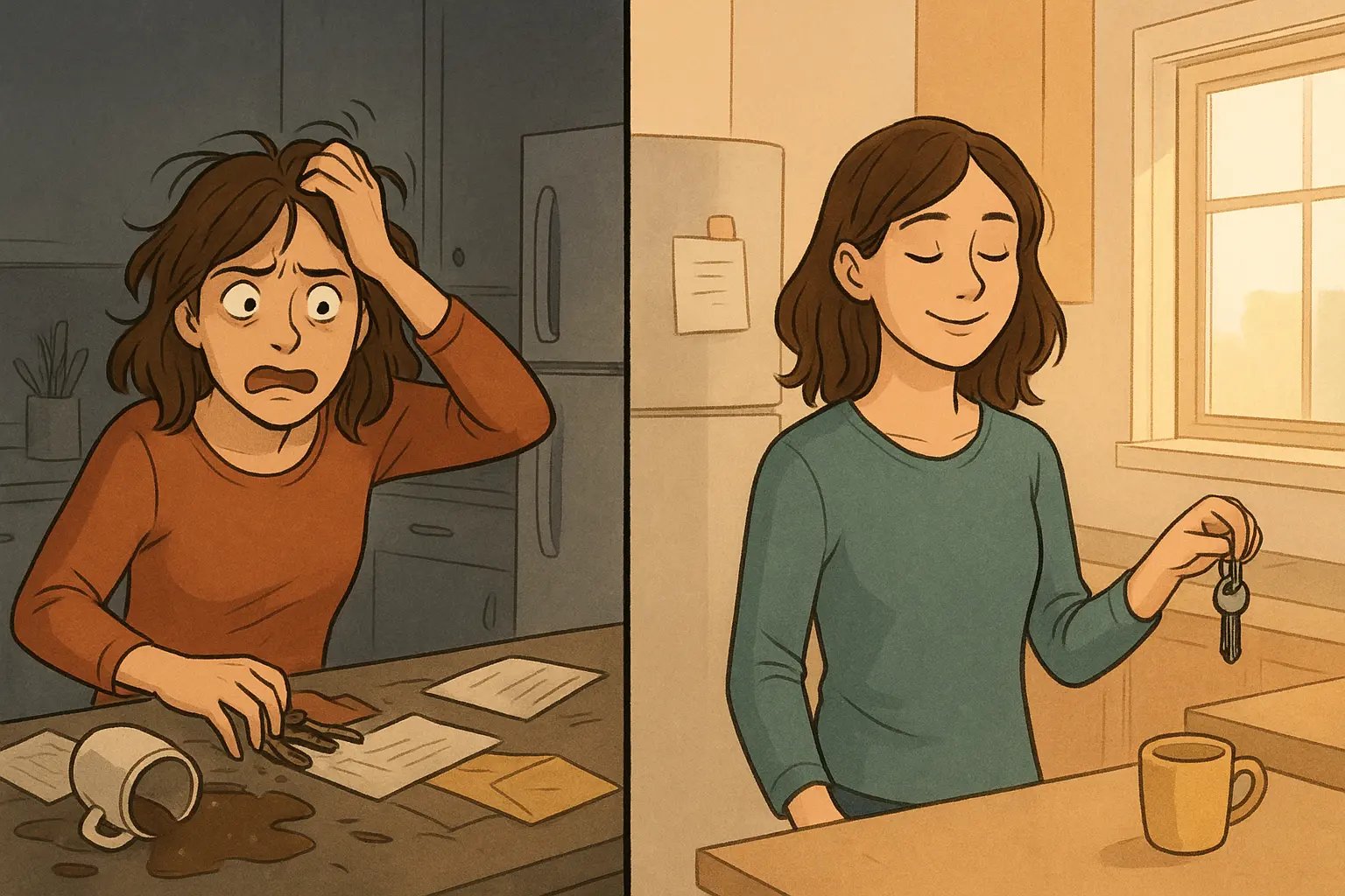 Woman transforming chaotic morning into calm routine using key hook and sticky notes in tidy kitchen