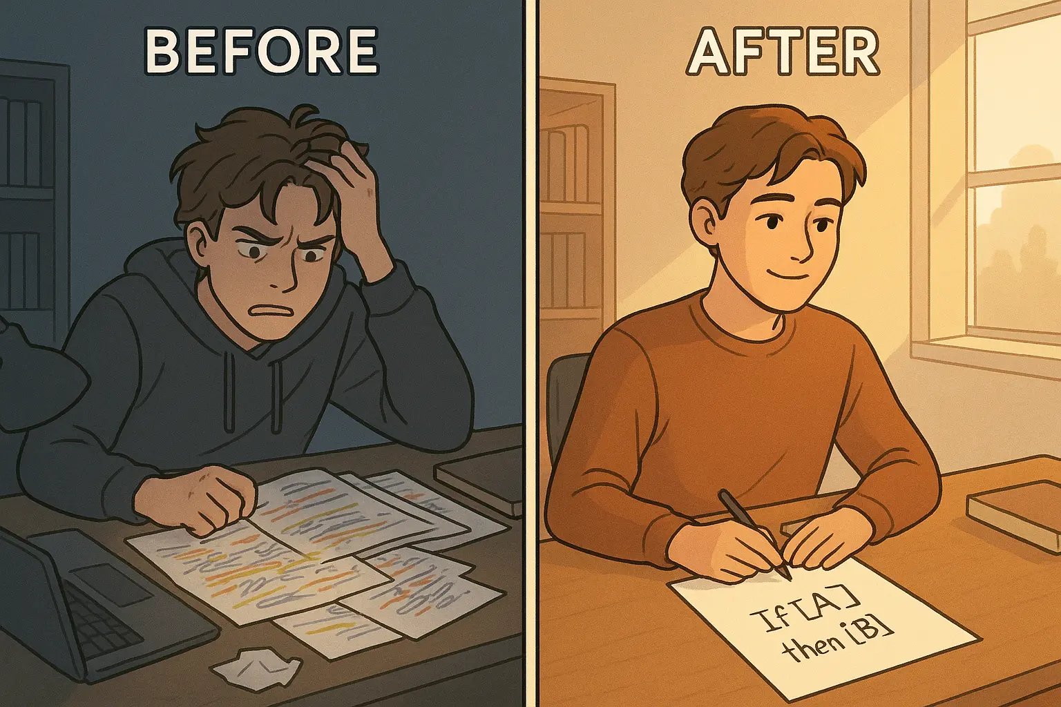Split panel showing a student transforming from overwhelmed with messy notes to calm with a clear if-then statement written down
