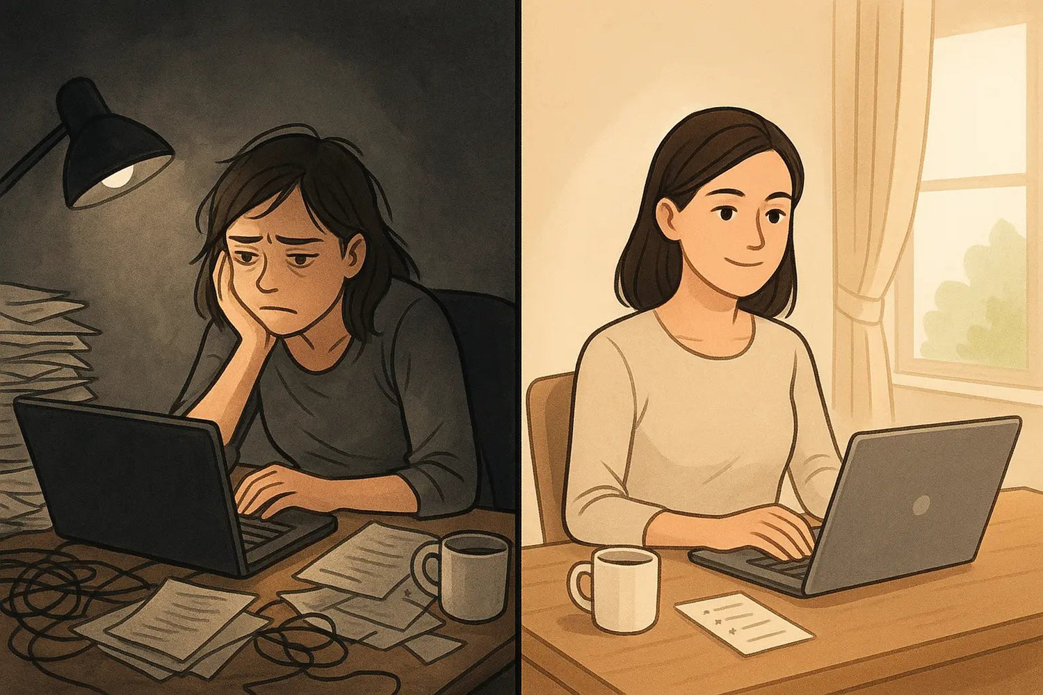 Woman at desk before and after transformation, showing chaotic workspace becoming organised with simple checklist and calm focus