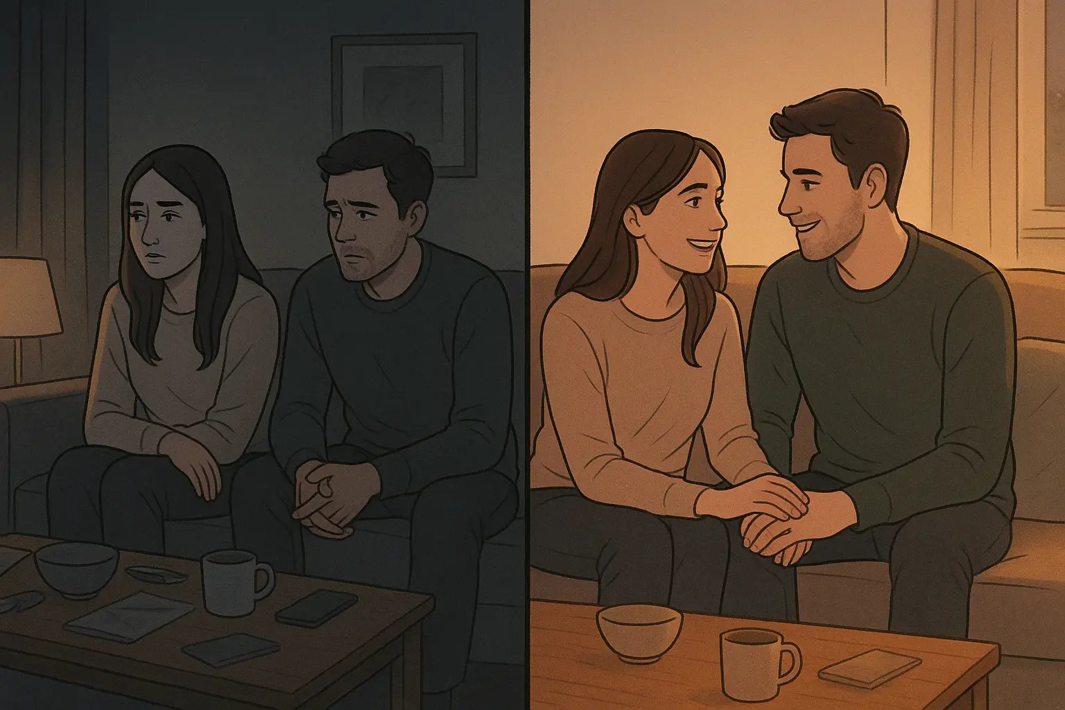 A couple's evening transformation from disconnected to warmly engaged, showing the power of proper neurodivergent support timing.