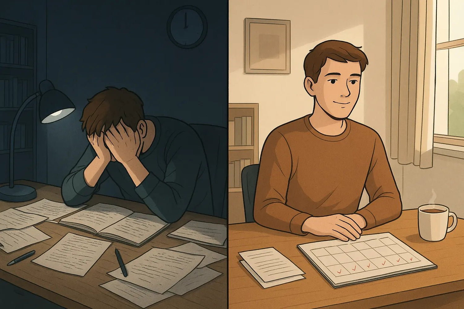 Split-panel illustration showing student transformation from chaotic nighttime revision to calm, organised morning exam preparation with tidy desk and clear plan