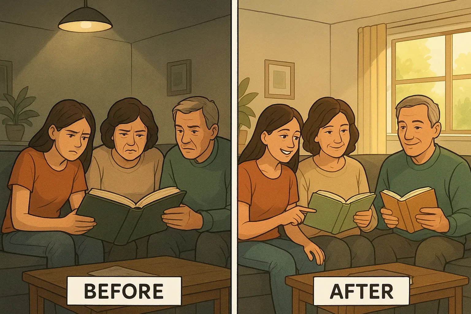 Family transformation from struggling with one book together to happily reading separate suitable books in a warm, organised living room