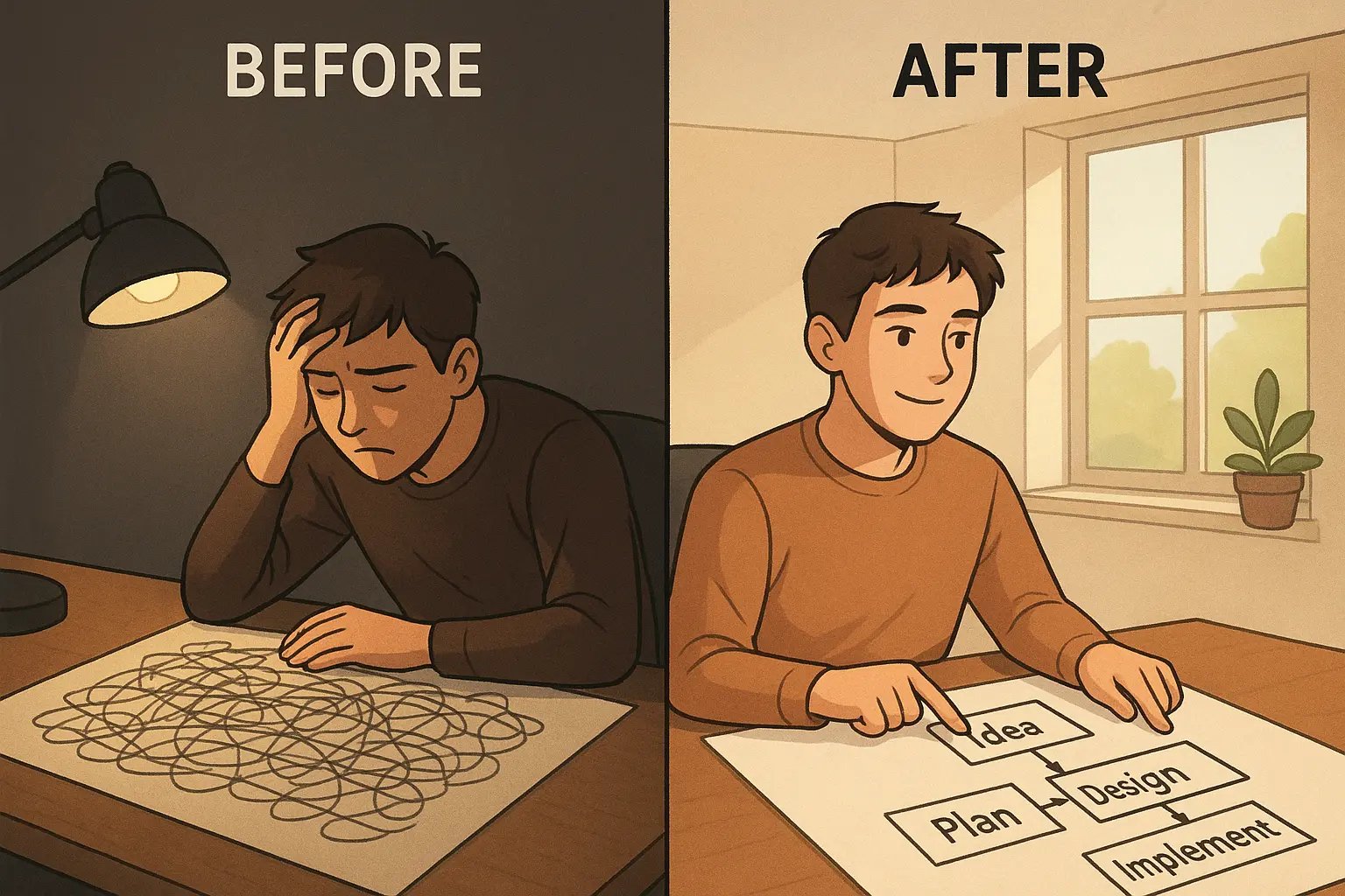 Split panel showing student transforming from confused by chaotic concept map to confident with organised, clear connections