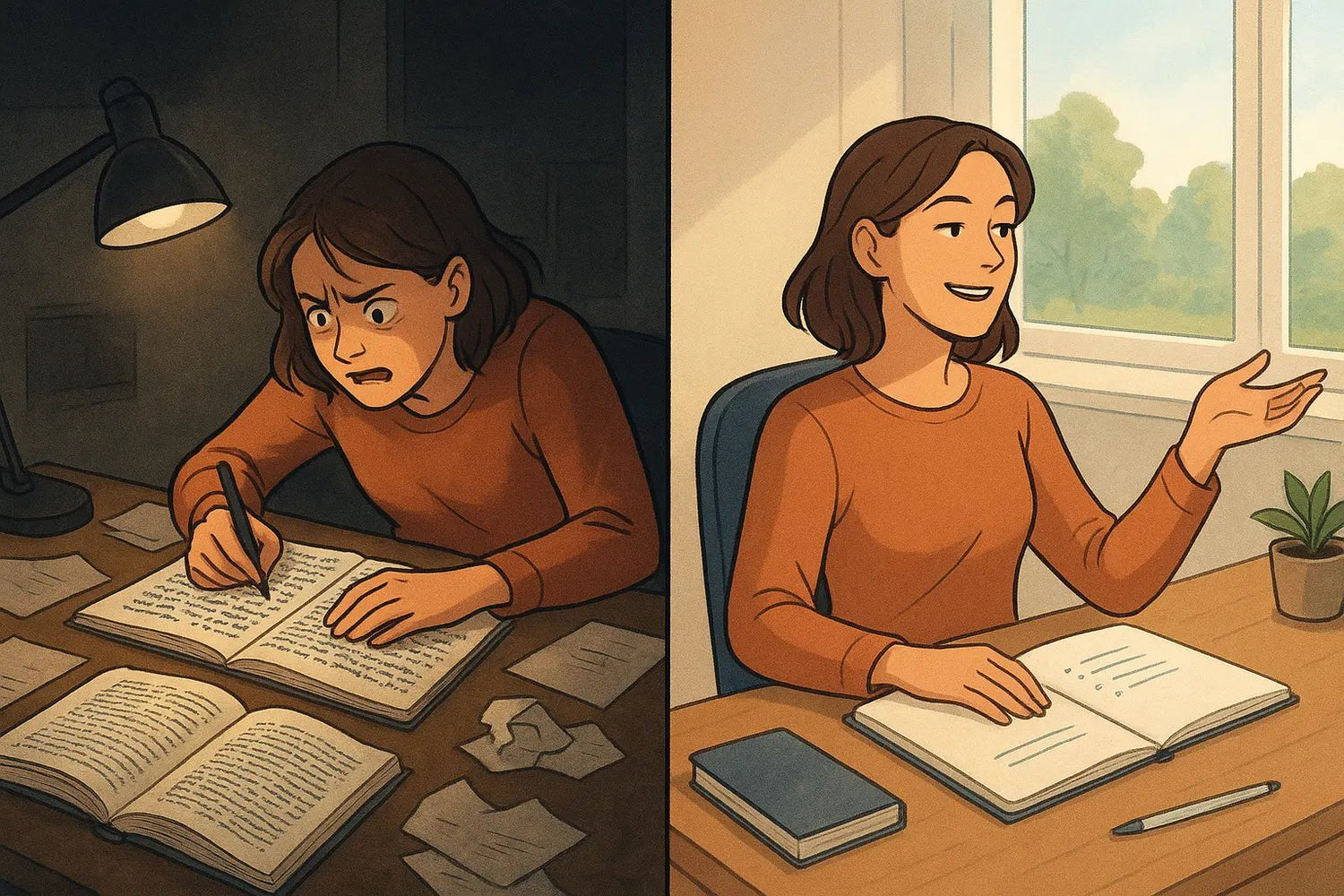 Woman transforms from stressed note-taking to confident explaining, showing the power of effective note-taking strategies