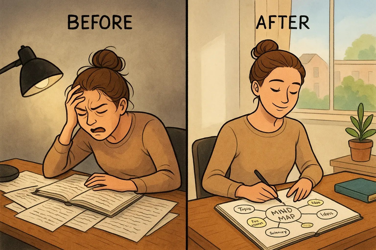 Split panel showing student transformation from messy desk with copied notes to organised study setup with clear mind map