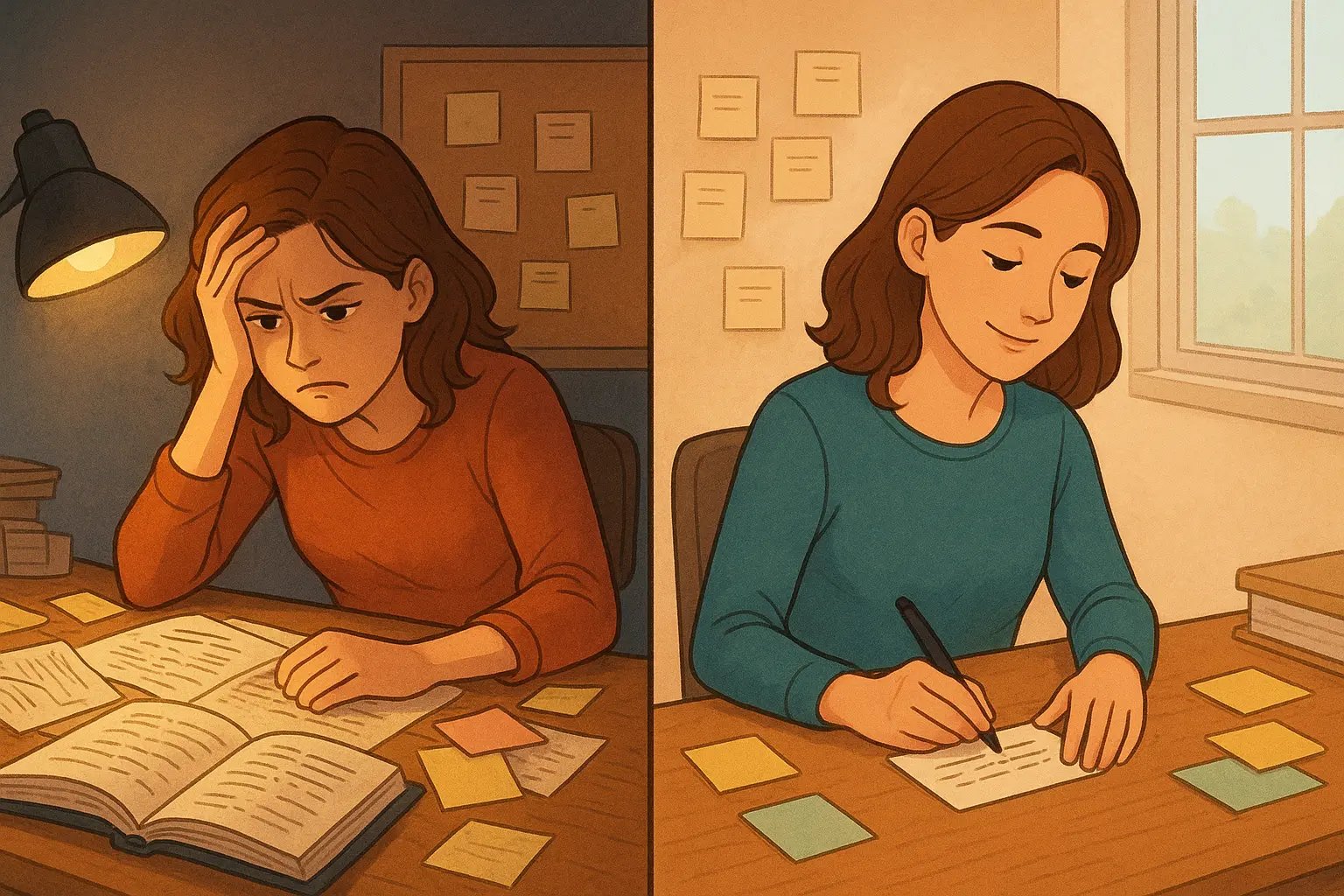 Split-panel showing a stressed student with messy notes transforming into a calm, focused student writing organised topic summaries