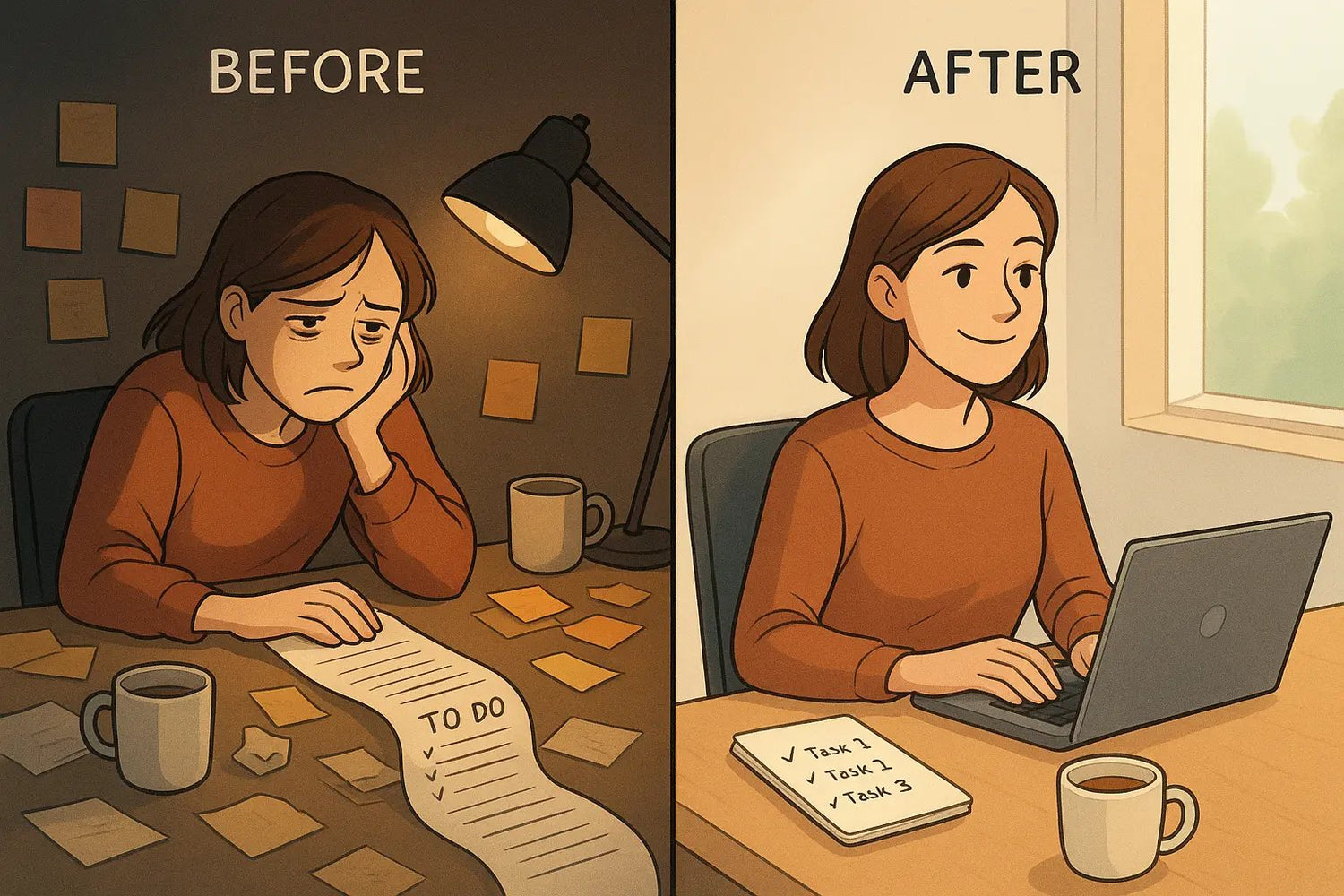 Split panel showing woman transforming from overwhelmed by long to-do list to calm with three simple intentions on organised desk