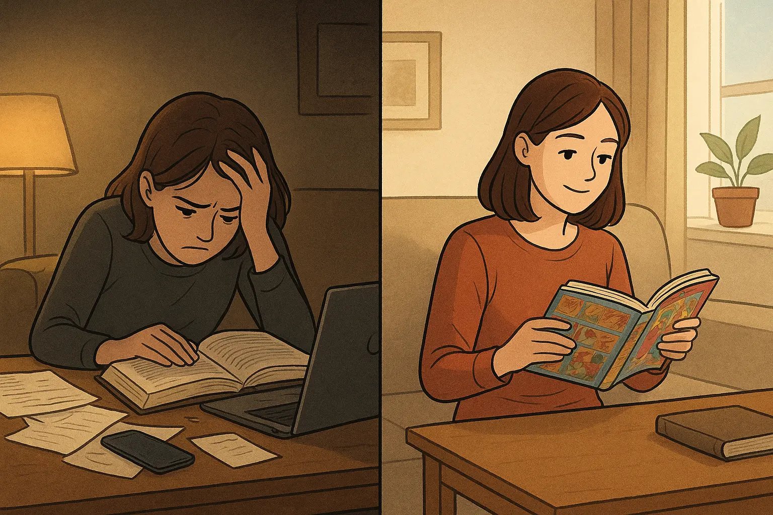 Split image showing a young woman's reading transformation: from overwhelmed with a textbook in chaos to happily reading a comic in a calm, tidy space.