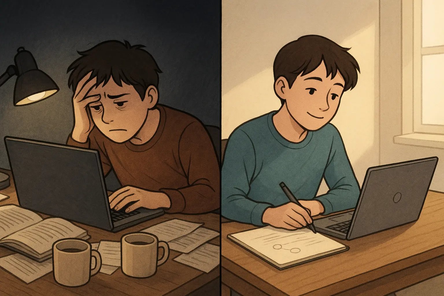 Split panel showing student transformation from overwhelmed at cluttered desk to focused with organised note system