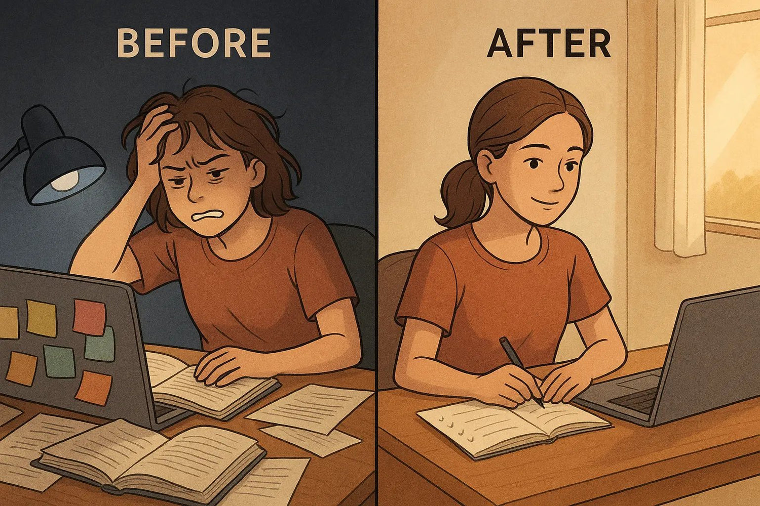Split-panel illustration showing a student's desk transformation from chaotic clutter to organised calm with a focus tracking worksheet