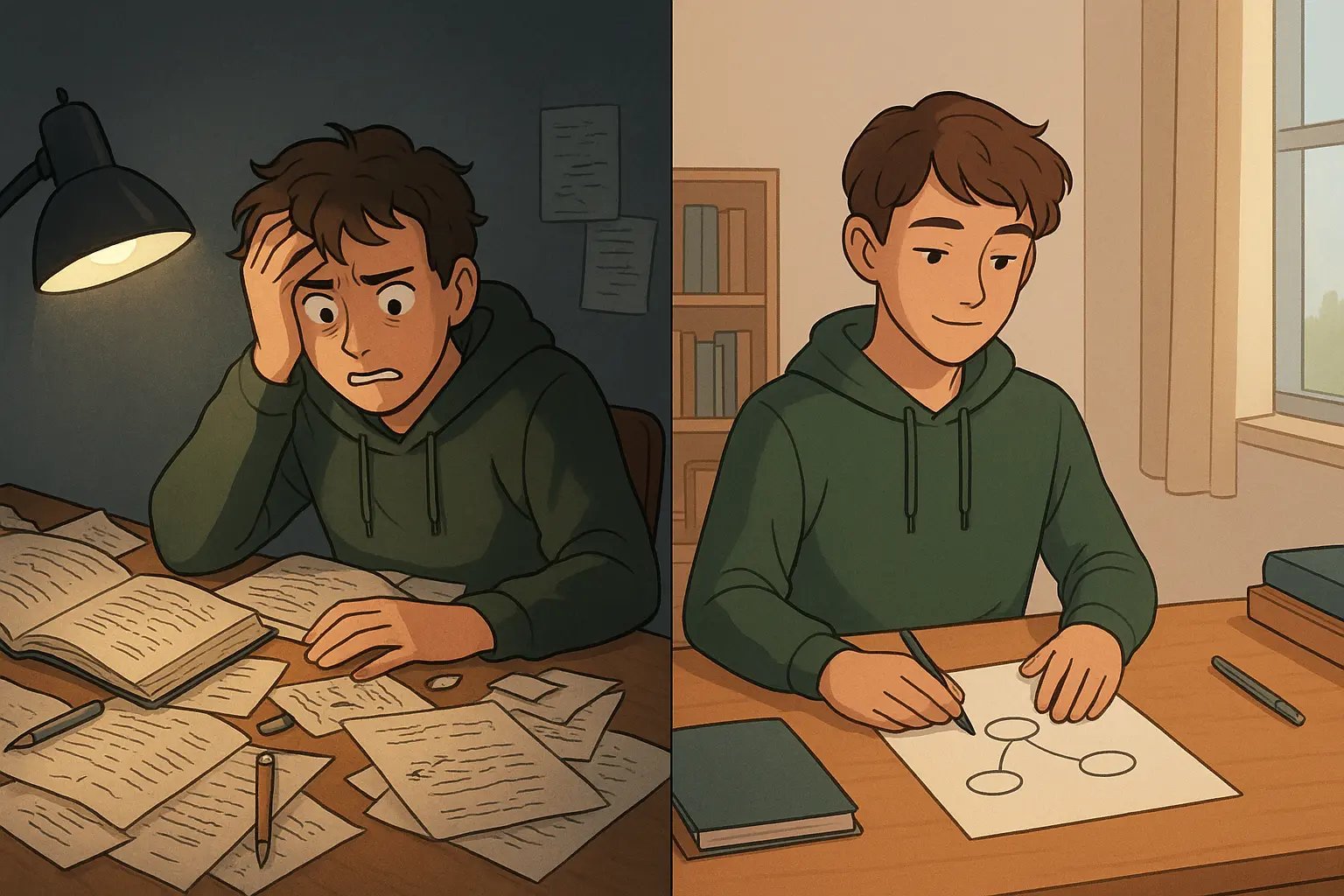 Before and after illustration of a student transforming from overwhelmed chaos to calm focus with an organised concept map