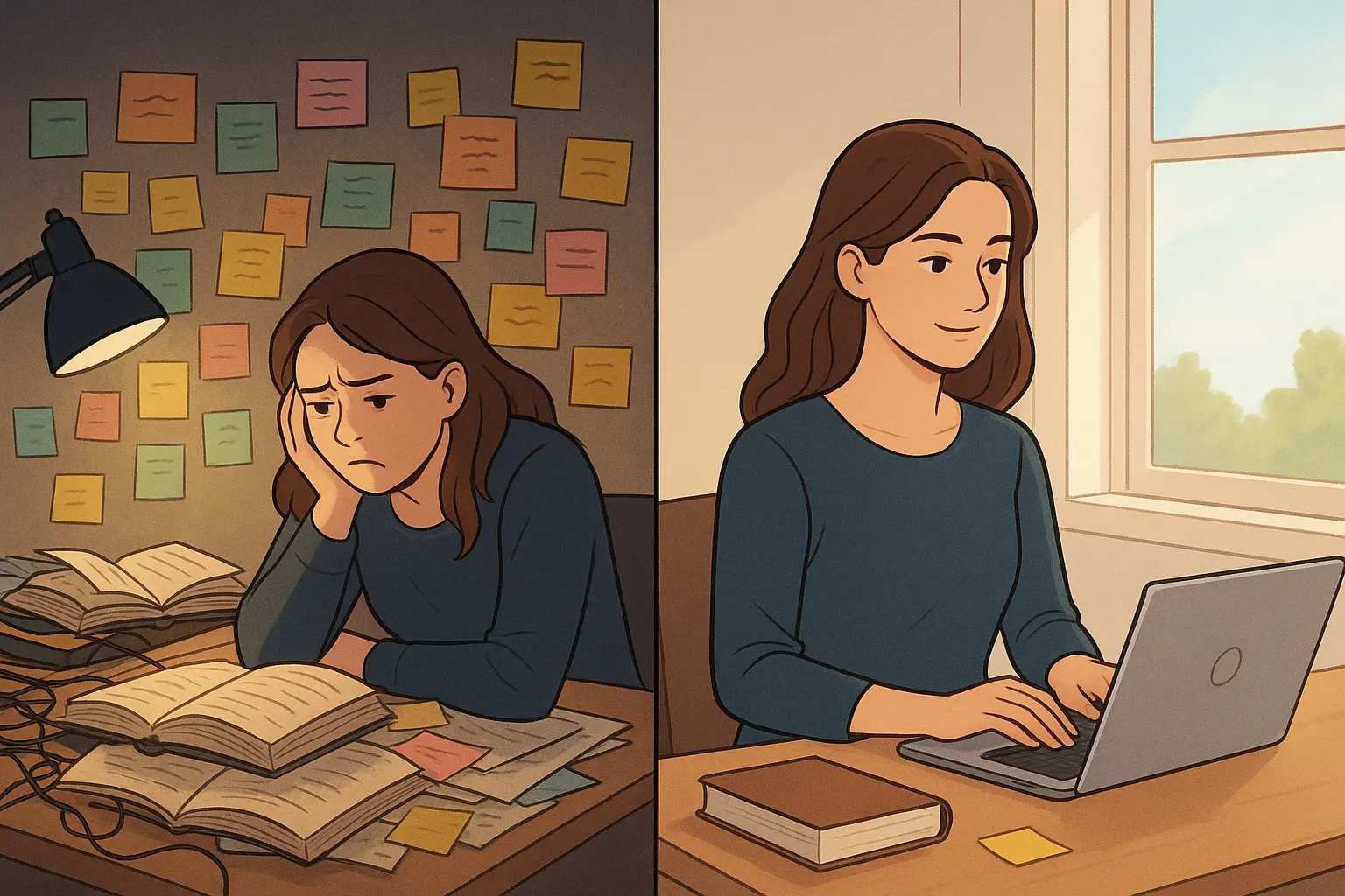 Split-panel showing a student's transformation from a cluttered, chaotic desk to a calm, organised workspace with one clear goal.