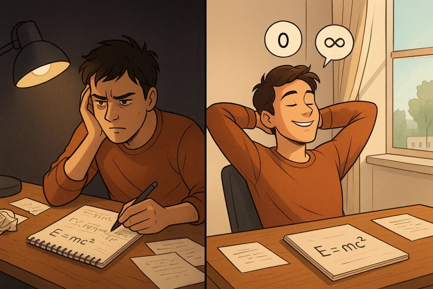 Student transforming from frustrated confusion to confident clarity after testing a formula with extreme values at their desk