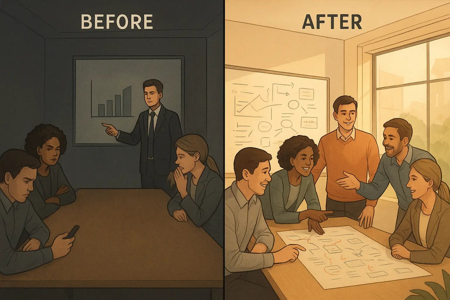 Before-and-after meeting scene showing team transformation from confused and disconnected to engaged and collaborative through transparent communication