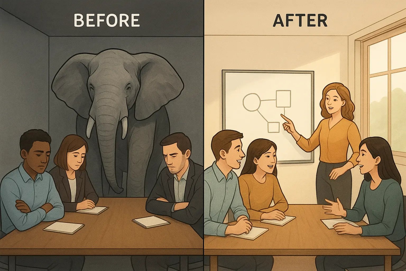 Split-panel illustration showing a tense office meeting ignoring an elephant, contrasted with a bright collaborative meeting solving the problem together.