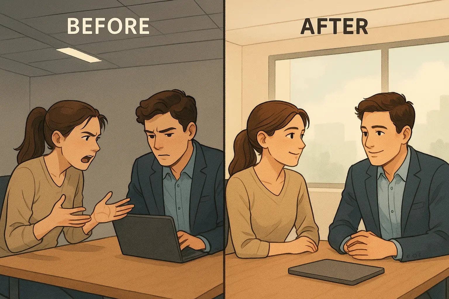 Split panel showing office conversation transforming from tense disconnect to warm understanding through active listening.