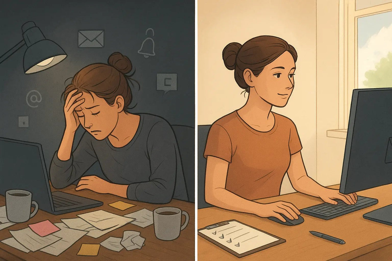 Split-panel illustration showing a woman transforming from overwhelmed at a chaotic desk to calm and focused at an organised workspace with a checklist