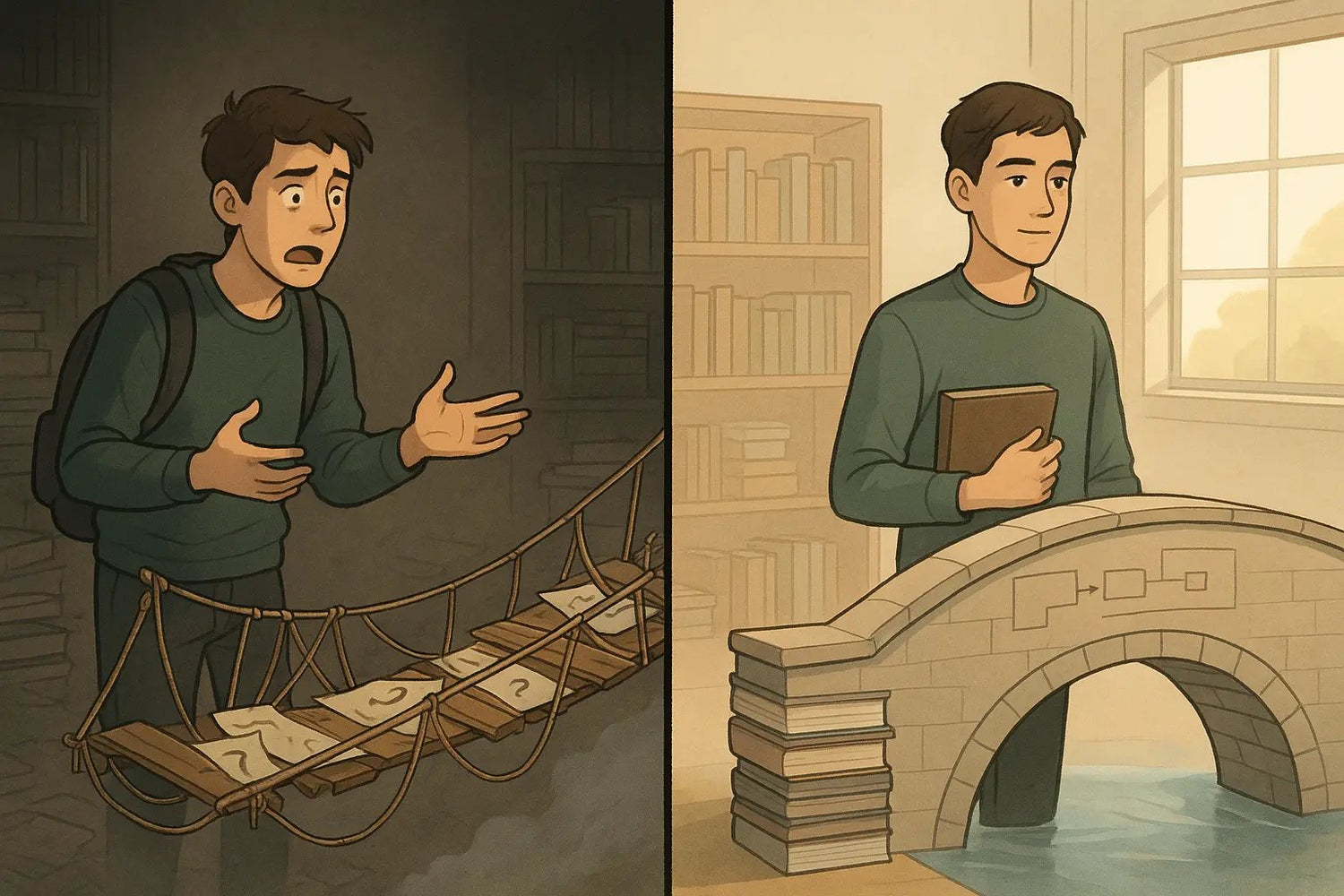 Split-screen illustration showing a student transforming from overwhelmed at a messy desk to focused and calm, choosing between two simple study options on a tidy laptop.