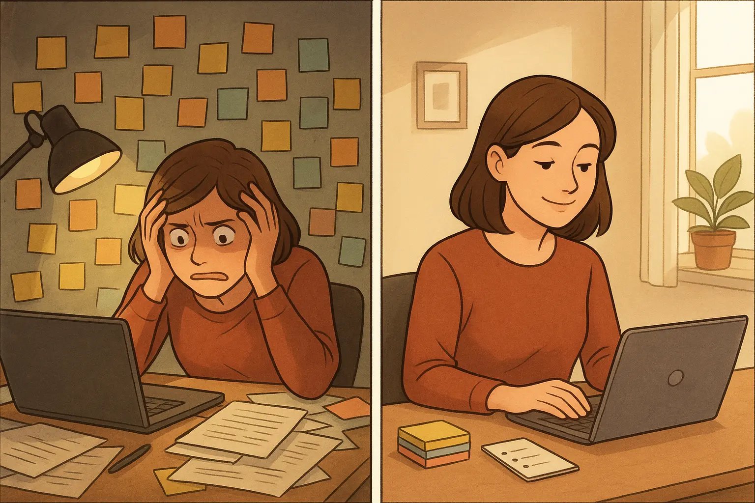 A woman transforms from stressed at a chaotic desk to calm and focused at an organised workspace with a clear to-do list.