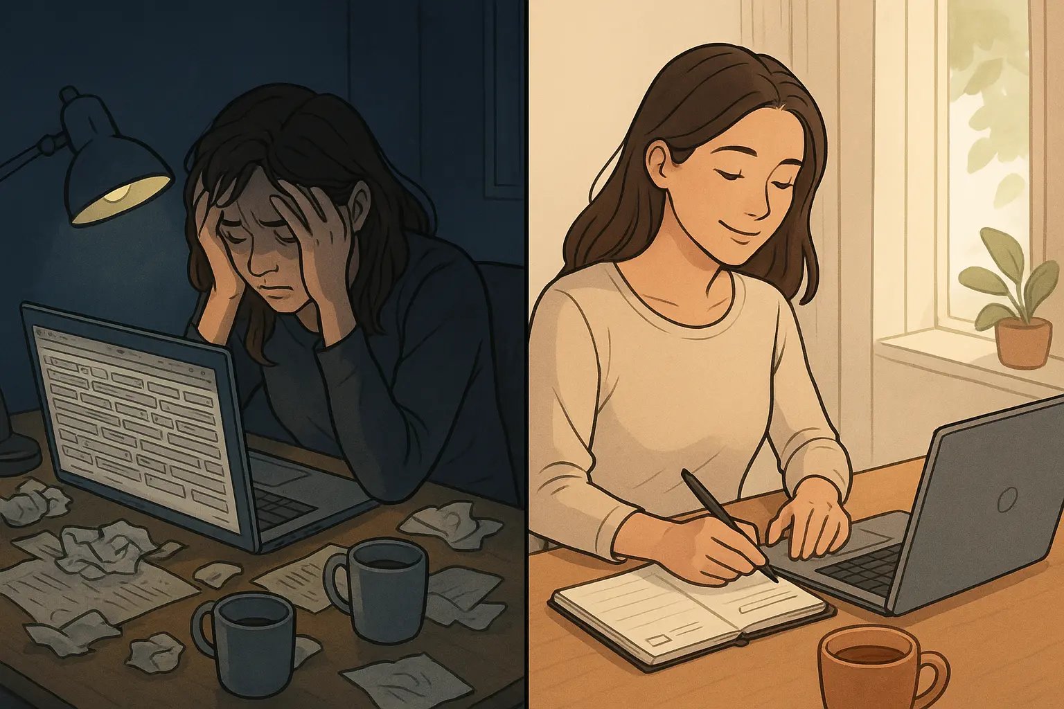 Split illustration showing a woman's transformation from overwhelmed at a chaotic desk at night to calm and organised at her desk in the morning light.