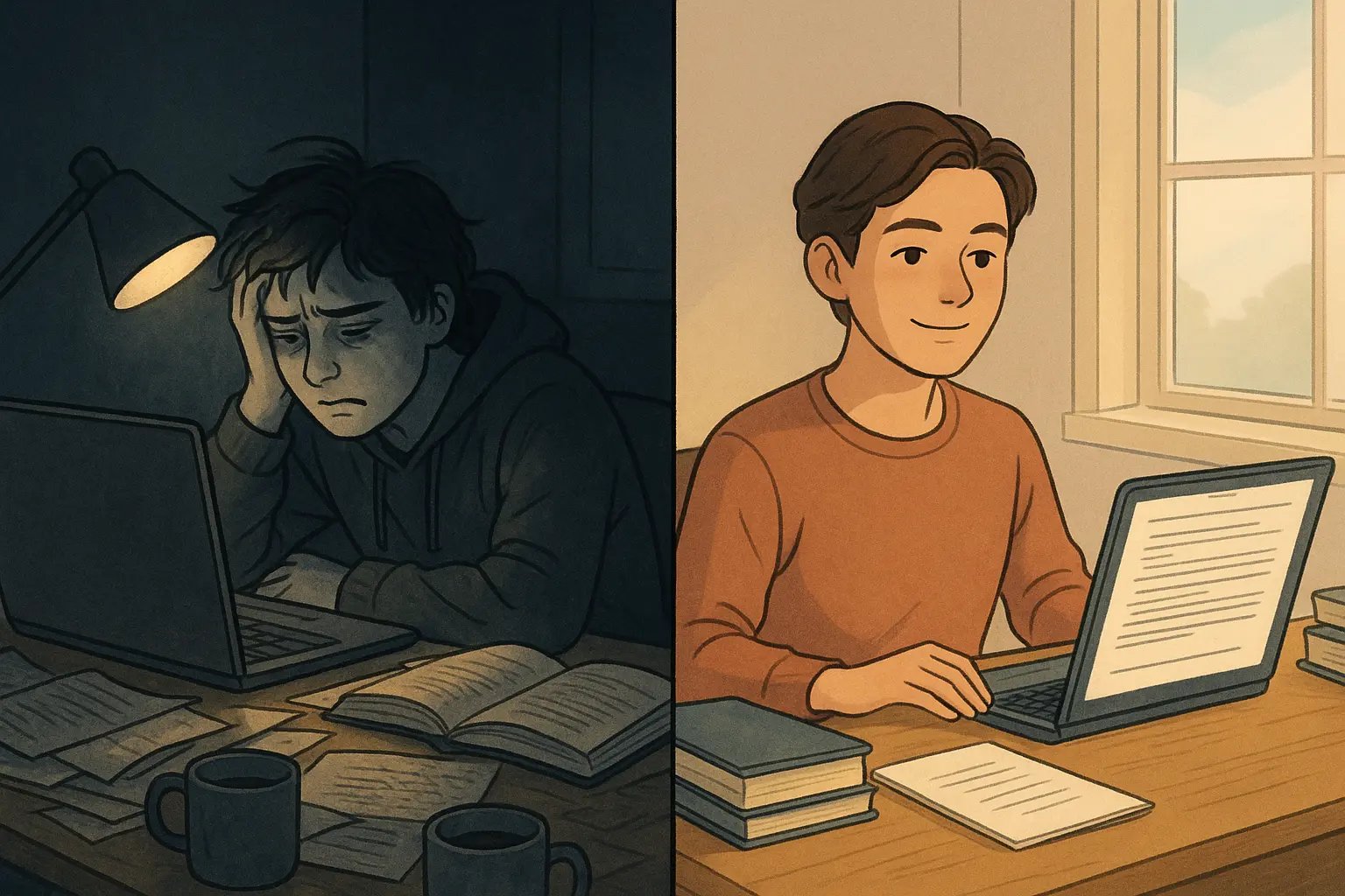 Split illustration showing student transformation from overwhelmed night chaos to calm organised morning workspace with clear essay
