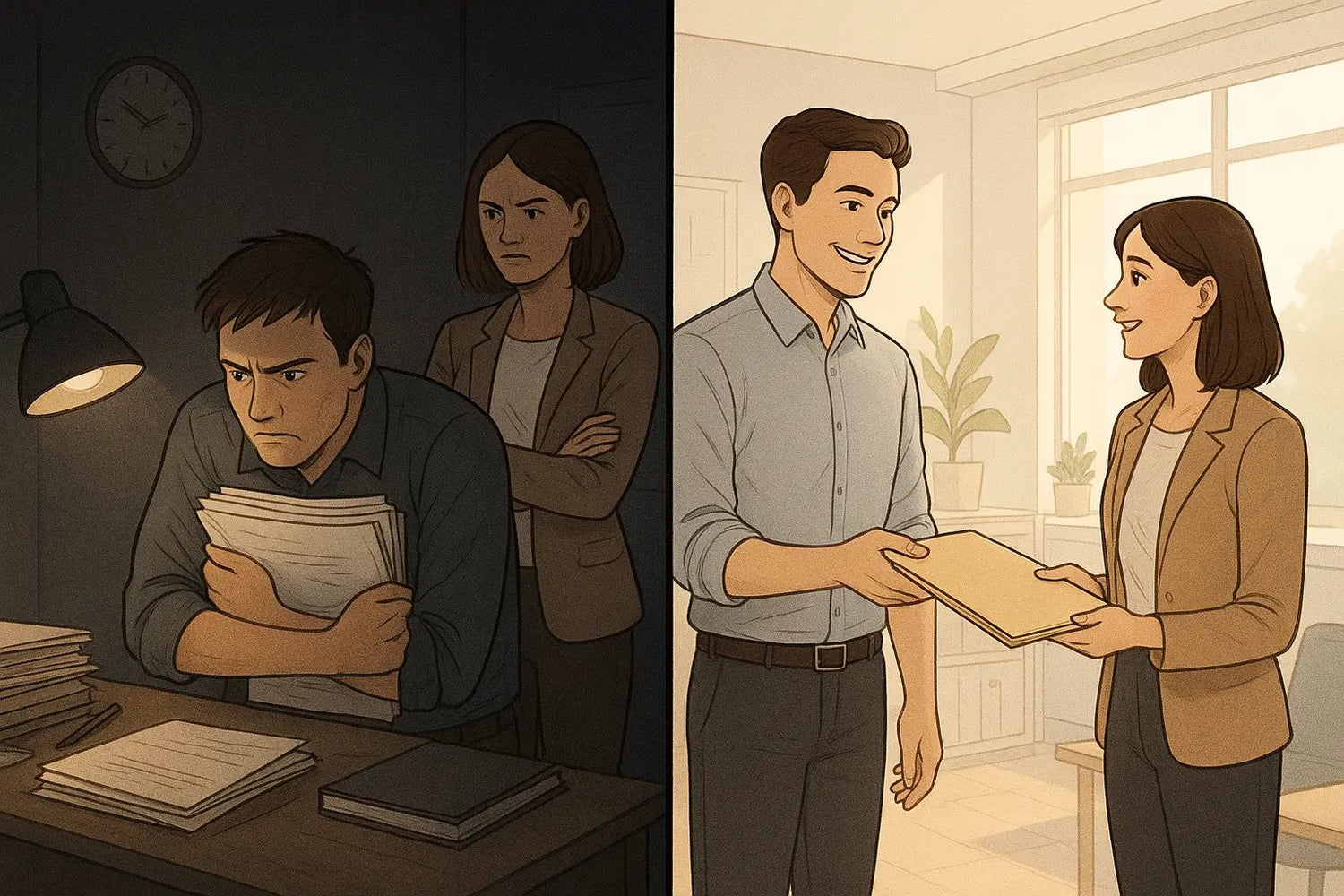 Manager confidently delegating work to a happy colleague in a bright, organised office, representing Smart Trust in action.