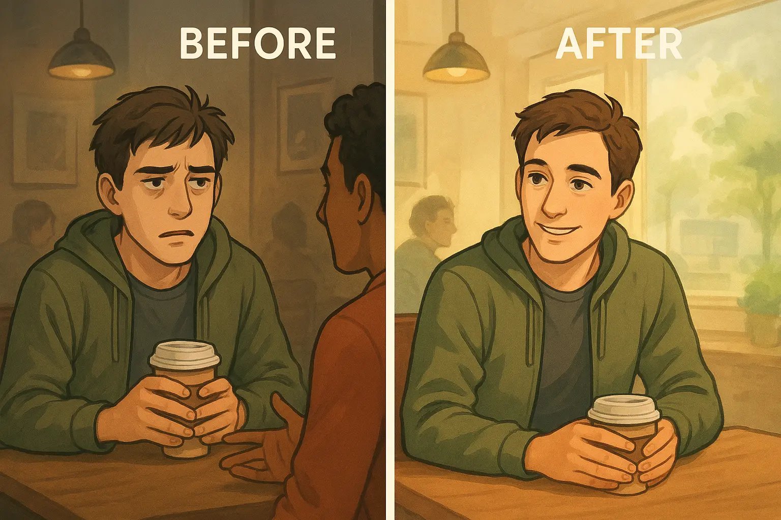 A man transforms from distracted and overwhelmed to calm and engaged in a coffee shop conversation, showing improved listening skills.