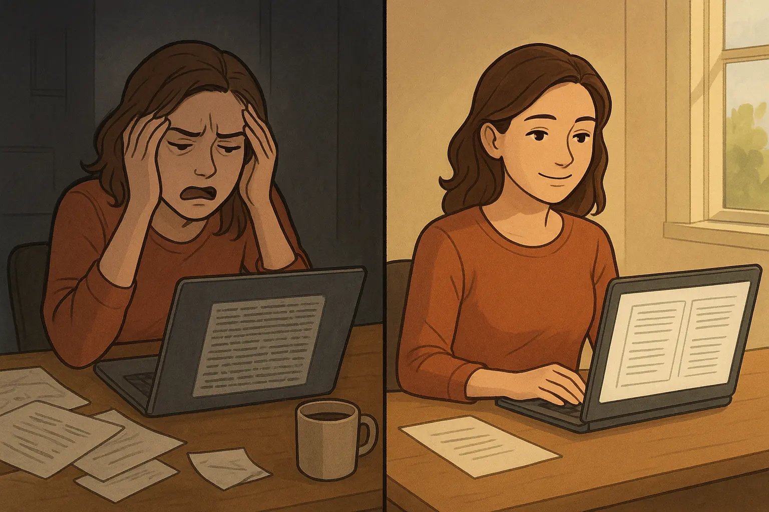 Split-panel showing a woman transforming from frustrated with messy notes to calm with organised two-column notes on her laptop.