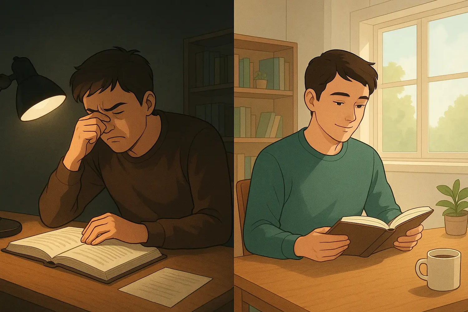 Before and after comparison showing a person's reading transformation: from squinting with eye strain to reading calmly with clear focus