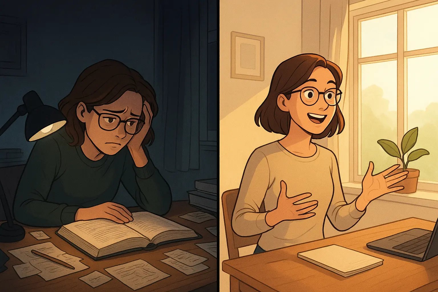 Student transforming from stressed study confusion to confidently explaining concepts to houseplant in organised room