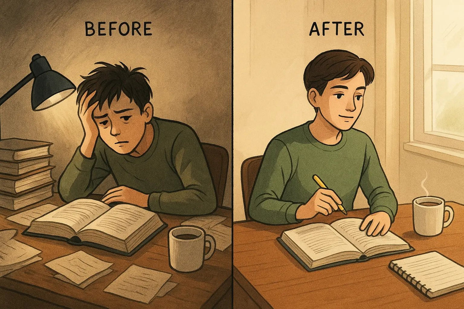 A student transformed from overwhelmed at a cluttered desk to calm and focused at an organised desk with efficient reading habits.