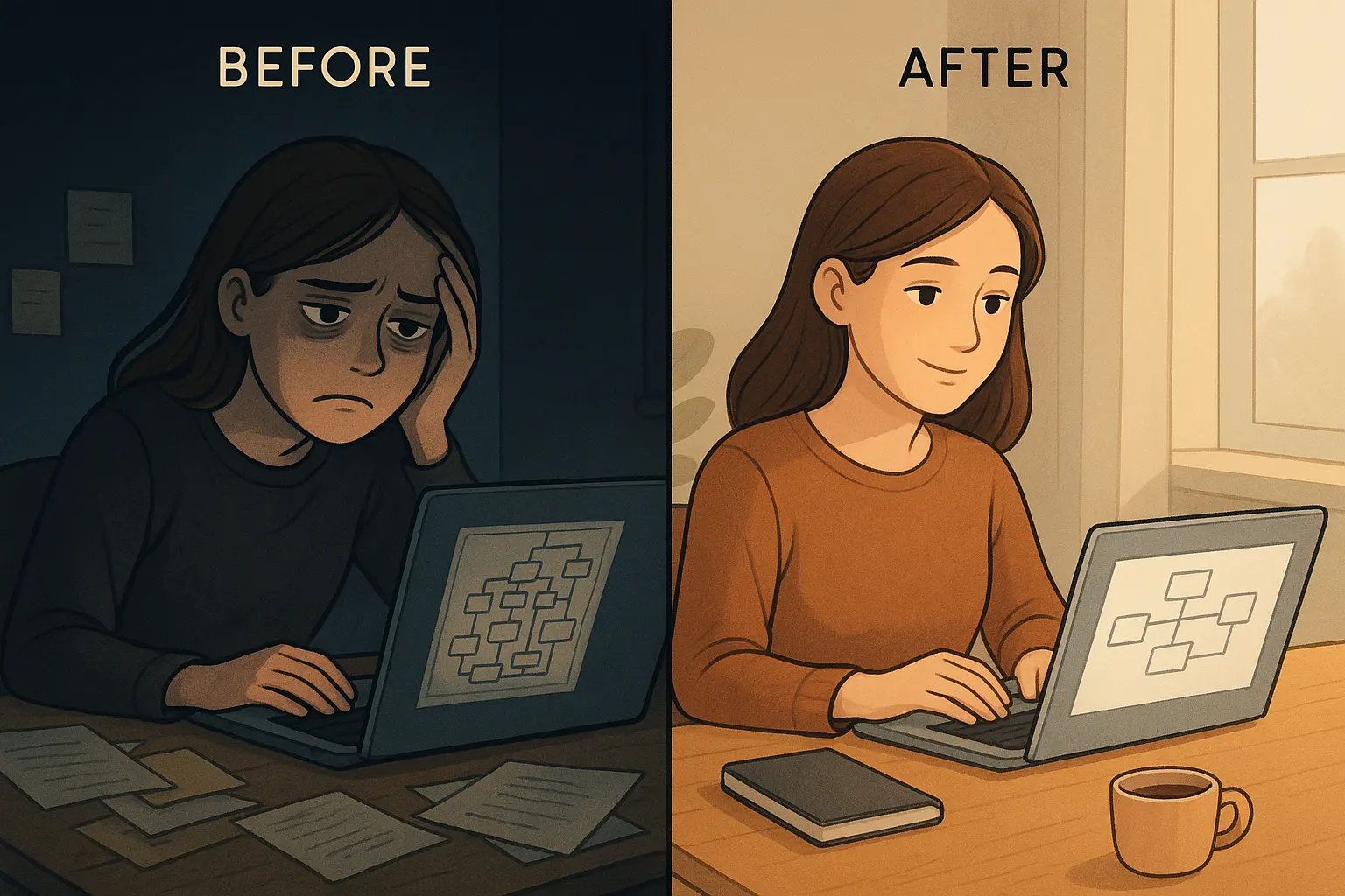 Before-and-after split showing a student transforming from stressed with complex nested folders to calm using a clean linked note system